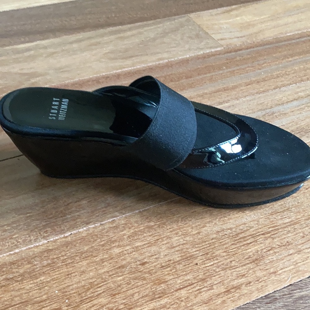 Stuart Weitzman Black Patent Wedge Sandals